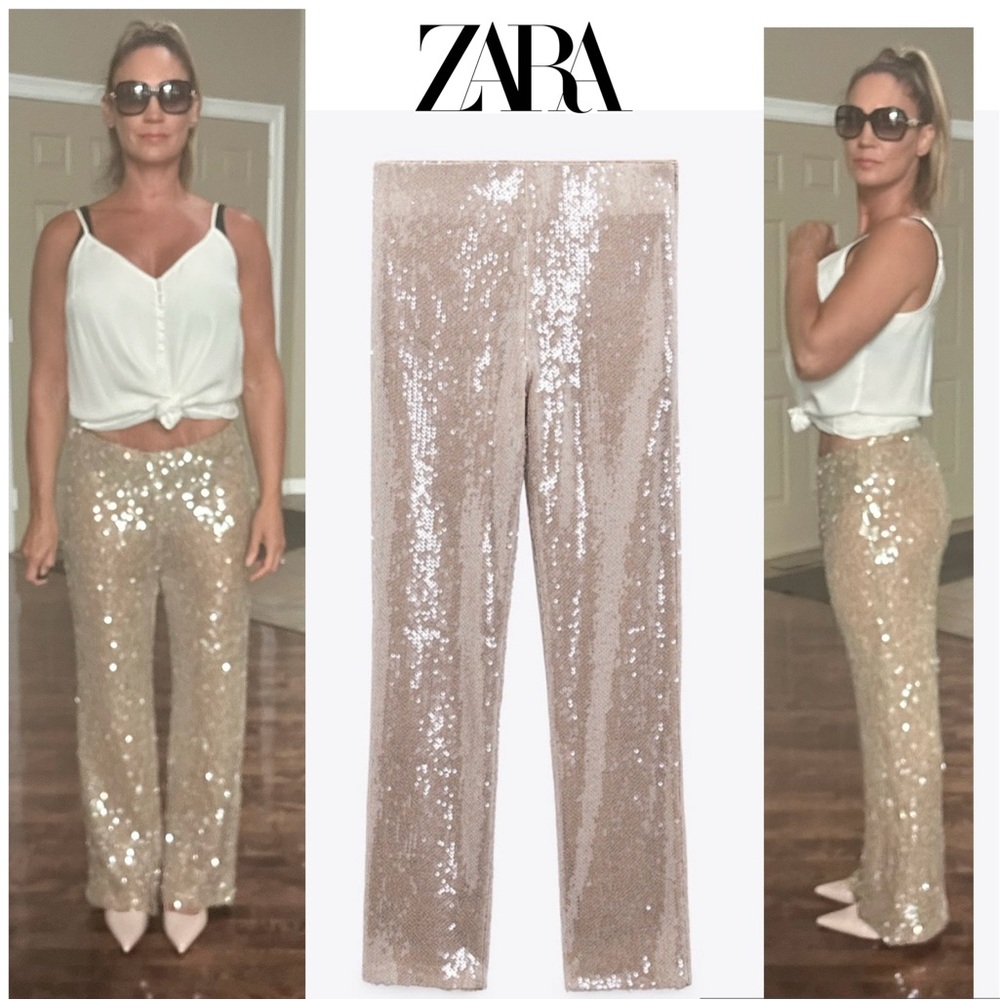 Zara champagne gold sequin embellished sparkly knit dress pants pull on L NWOT